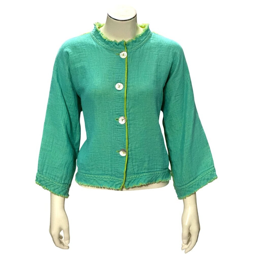 Textured Green Button-Front Jacket with Contrast Trim
